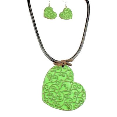 Green Filigree Heart Charm Necklace & Earrings Jewelry Set