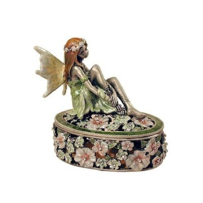 Pewter Fairy Figurine Green Lid Trinket Box