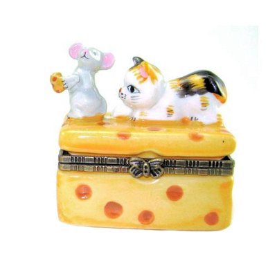 Cheese with Mouse and Calico Kitten Trinket Box