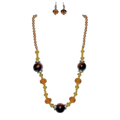 Peach Pearls & Crystals Necklace & Earrings Jewelry Set