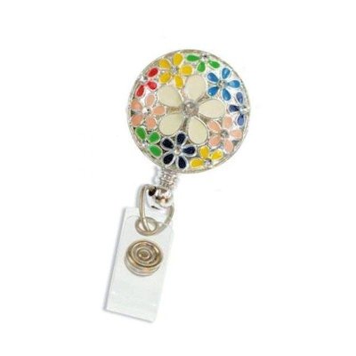 Floral with Crystals Round Metal Badge Holder or Lanyard