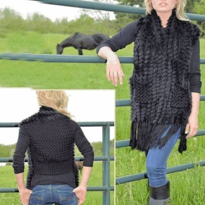 Faux Fur & Fringe Black Sleeveless Sweater Vest