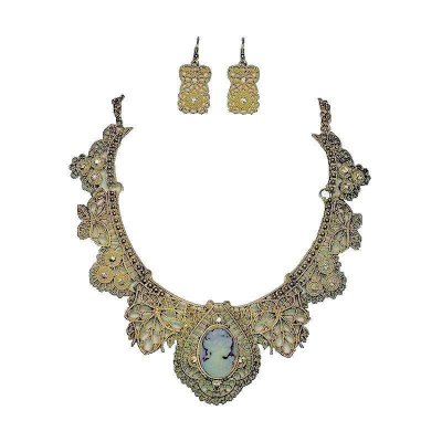 Lace Vintage Cameo Necklace & Earrings Jewelry Set