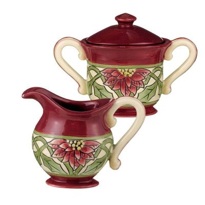 Poinsettia Design Christmas Cream Pitcher & Sugar Bowl