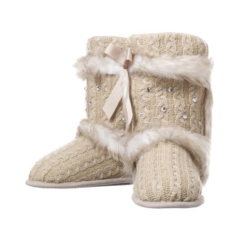 Tan Fur Crystals & Ribbons Boutique Knitted Boots