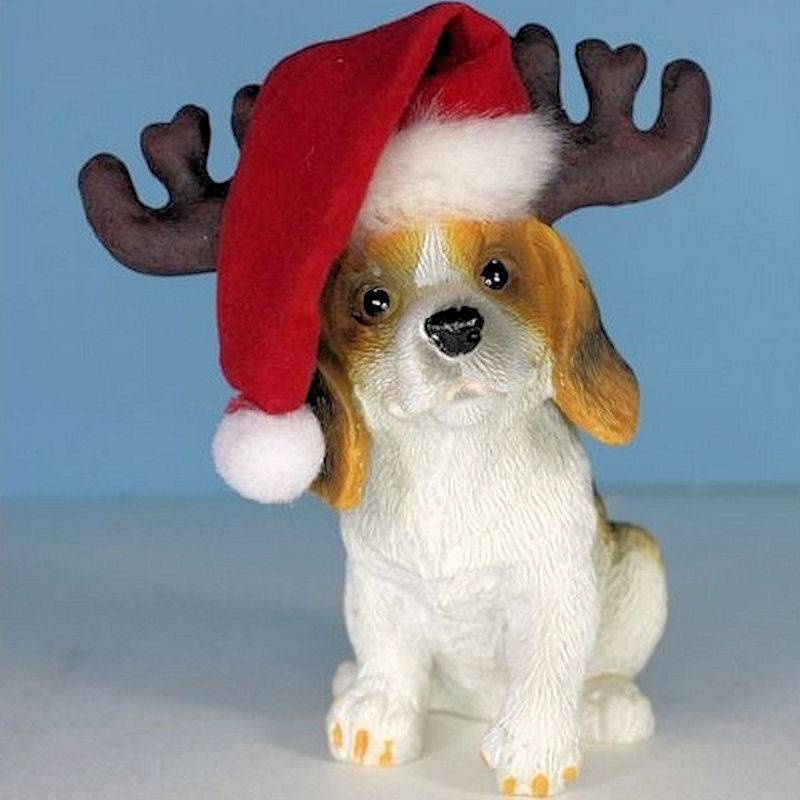 Beagle Dog Ornament Christmas Santa Hat & Horns Figurine