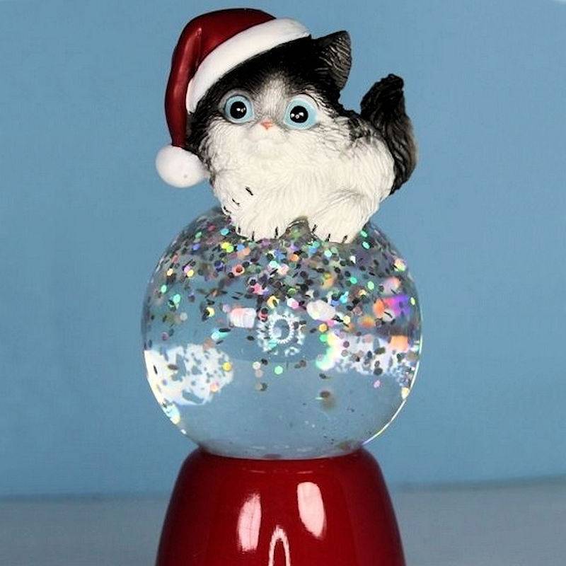 Black & White Cat Figurine Christmas Light Up Glitter Globe