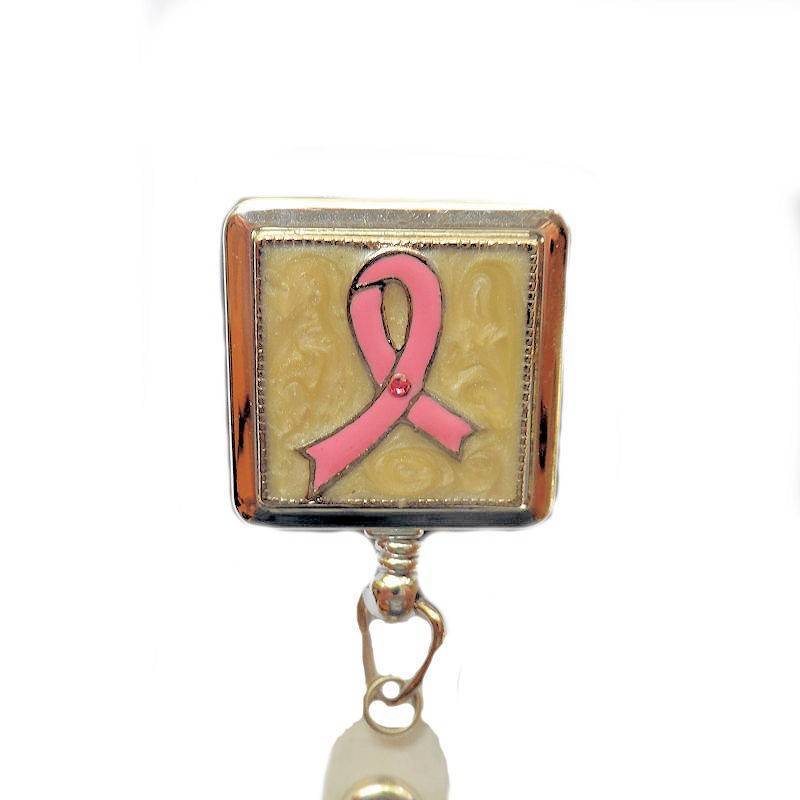 Breast Cancer Pink Ribbon Metal Badge Holder or Lanyard