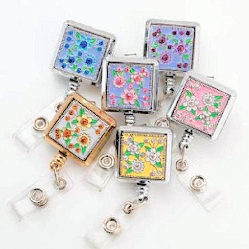 Floral Brilliance Square Metal Badge Holder or Lanyard