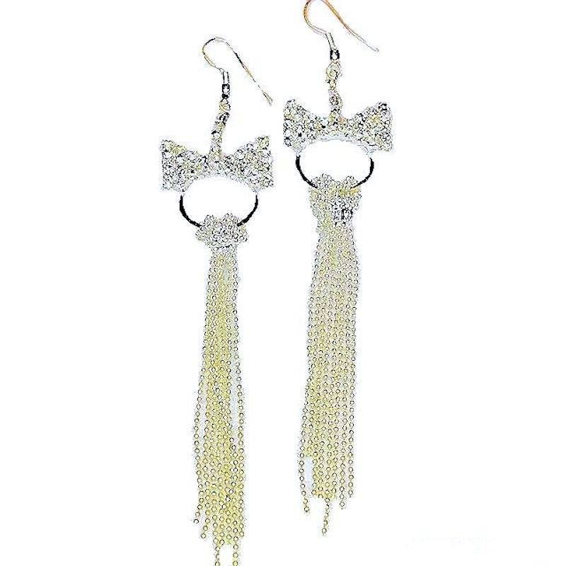 Crystal Bow with Long Chains Chandelier Earrings