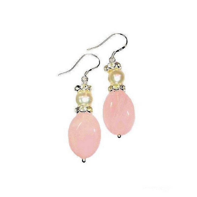 Genuine Pearl & Rose Quartz Drop Chandelier Earrings