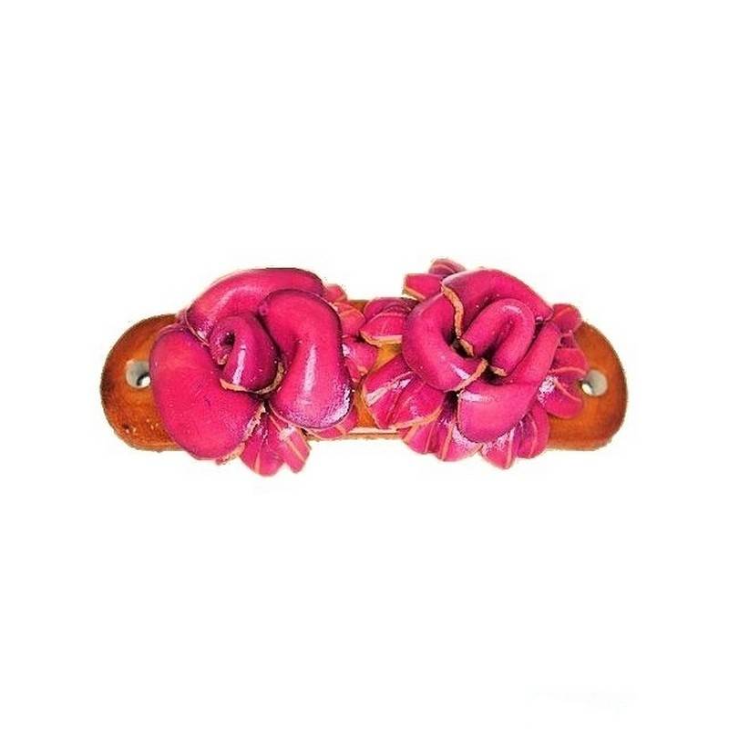 Pink Double Flower Leather Hair Barrette