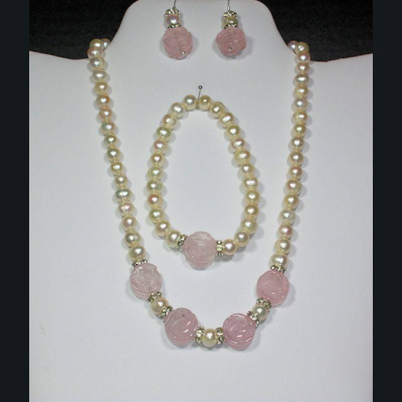 Pearls & Roses Necklace Bracelet & Earrings Jewelry Set