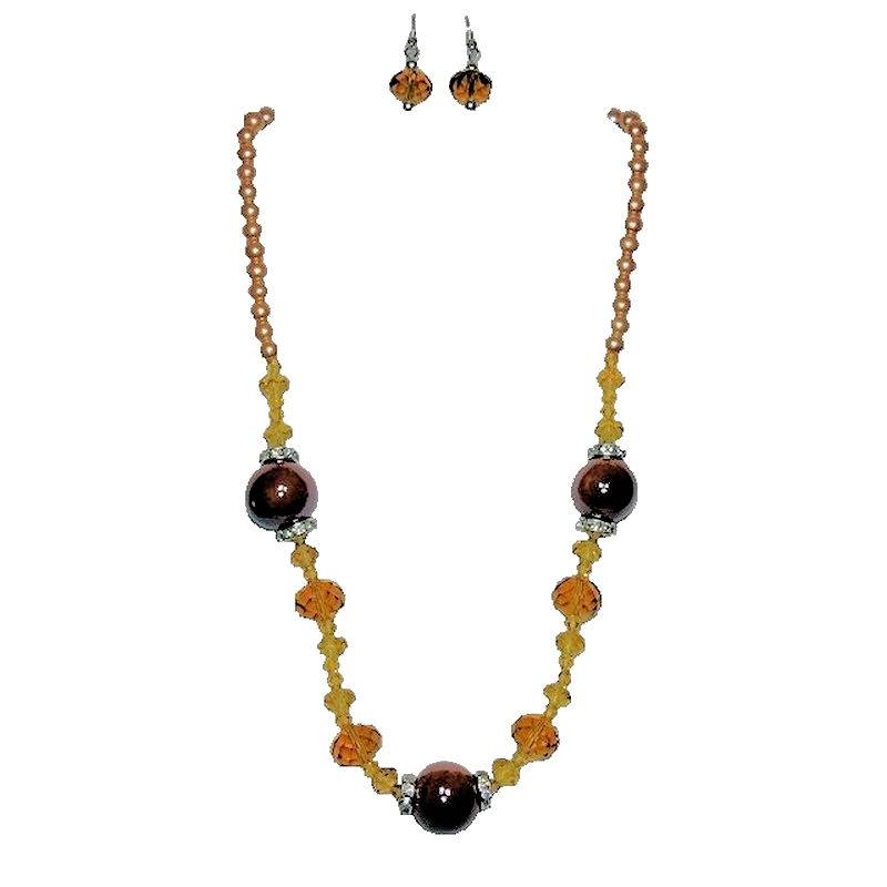 Peach Pearls & Crystals Necklace & Earrings Jewelry Set